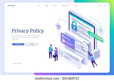 Privacy policy isometric landing page, data protection, digital security, personal confidential information online safety. Buisness people handshake at device screen with document 3d vector web banner