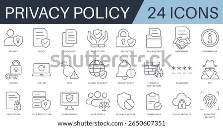 Privacy policy line icon set. Including data protection, cybersecurity, firewall, encryption, biometric security, GDPR, and compliance. Perfect for apps, websites, and secure platforms.