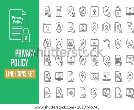 Privacy policy line icon set featuring data protection, security shield, document lock, gdpr compliance, and user privacy symbols.