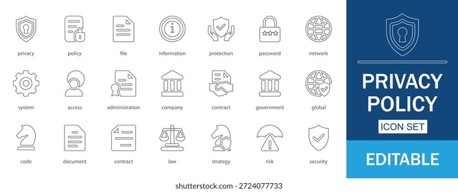 Ícones de linha da política de privacidade. Apresenta ícones de conformidade, administração, certificado, contrato, documento, global, justiça, lei, gerenciamento, regra, estratégia e governo. Vetor linear editável.
