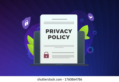 Política de privacidad e ilustración vectorial moderna. Acceso a datos de seguridad: contrato con información de protección, icono de protección en laptop. Concepto de tecnología empresarial de ciberseguridad con antecedentes violentos