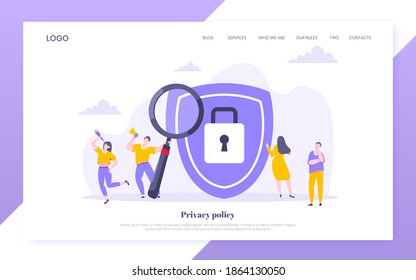 Privacy policy personal data protection business concept. Safe using internet on the work metaphor flat style design vector illustration. Tiny people working together and big shield with padlock.