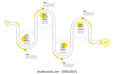 Privacy policy, Report document and Phone password line icons set. Timeline plan infograph. Product knowledge sign. Checklist, Page with charts, Mobile device access. Education process. Vector