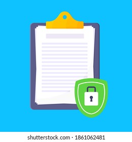 Privacy policy, safety lock and data protection metaphor. Shield with padlock on the clipboard with personal data security protection symbol flat style design vector illustration.