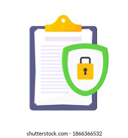 Privacy policy, safety lock and data protection metaphor. Shield with padlock on the clipboard with personal data security protection symbol flat style design vector illustration.