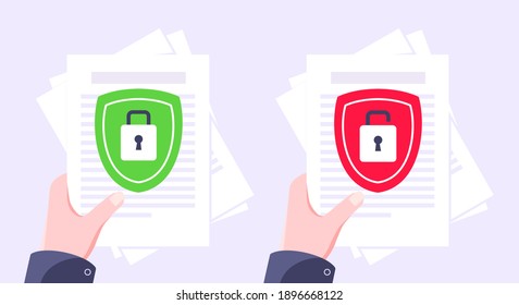 Privacy policy, safety lock and data protection metaphor set. Shield with padlock on the paper with personal data security protection symbol flat style design vector illustration.