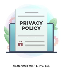 Privacy Policy - Security Data Access flat vector icon. Contract with protection information, shield icon on laptop. Cyber Security Business Internet Technology Concept isolated on white background.