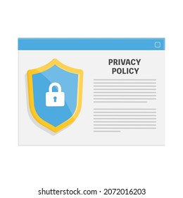 Privacy Policy. Security data access - contract with protection information, shield icon. Cyber security and privacy policy concept. Vector illustration.