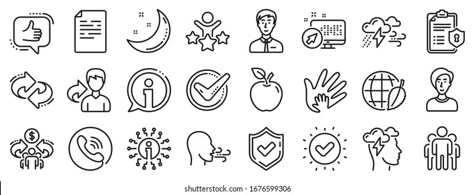 Privacy Policy, Social Responsibility, Breath icons. Check mark, Sharing economy and Mindfulness stress, Breath people line icons. Bad weather, Tick check mark, sharing refer, stress. Vector