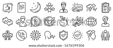 Privacy Policy, Social Responsibility, Breath icons. Check mark, Sharing economy and Mindfulness stress, Breath people line icons. Bad weather, Tick check mark, sharing refer, stress. Vector