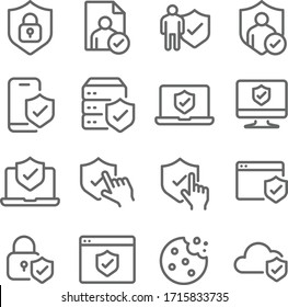 Privacy Policy symbol icon set vector illustration. Contains such icon as Cookie, website, browser, mobile, database, Cloud and more. Expanded Stroke
