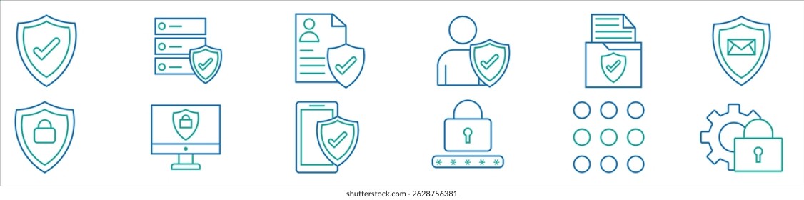 Privacy policy thin line icon set. Containing safety, security, protection, access, protect, secure of data, document, file, information, network system, communication. Vector illustration