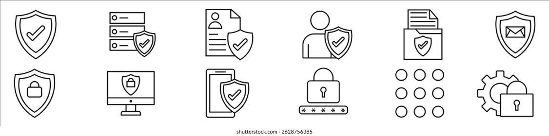 Privacy policy thin line icon set. Containing safety, security, protection, access, protect, secure of data, document, file, information, network system, communication. Vector illustration