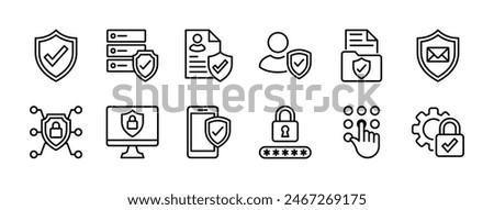 Privacy policy thin line icon set. Containing safety, security, protection, access, protect, secure of data, document, file, information, network system, communication. Vector illustration