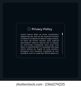 Privacy policy UI element template. Personal data. Editable isolated vector dashboard component. Flat user interface. Visual data presentation. Web design widget for mobile application with dark theme