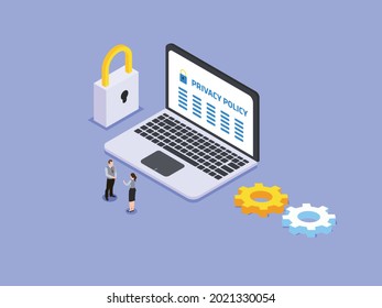 Privacy policy vector concept. Two business people standing with privacy policy text on the laptop near padlock and gear