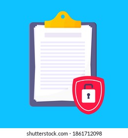 Privacy policy, warning safety lock and data protection metaphor. Shield with padlock on the clipboard with personal data security protection symbol flat style design vector illustration.