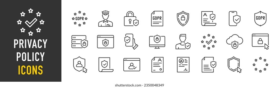 Privacy Policy web icons in line style. GDPR, security, data protection, shield, processing, data, collection. Vector illustration.