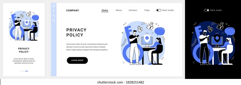 Privacy policy website UI kit. Privacy notice, agree policy, pop up website page, know more, client data, menu bar design, user experience, legal document landing and mobile app vector UI template.