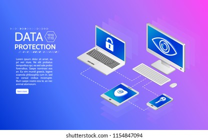 Privacy protection antivirus hack.  Data protection isometric concept. Internet security 3d isometry illustration. Can use for web site and banner