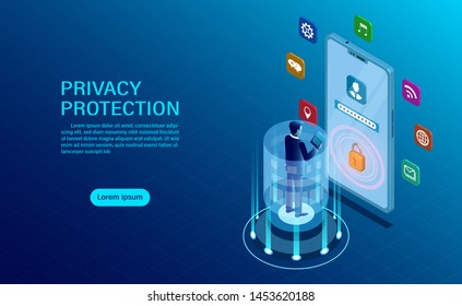 privacy protection concept. businessman stood in front of a mobile protect data and confidentiality with high security. flat isometric illustration.