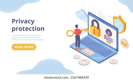 Privacy protection concept. Man with golden key opens lock on laptop screen. Young guy authorized in account, profile. Security and protection of personal data. Cartoon isometric vector illustration