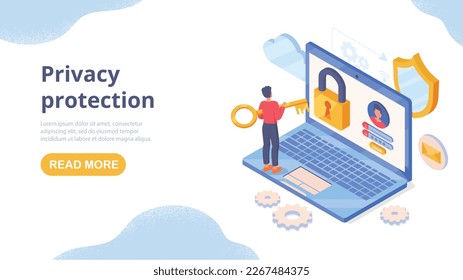 Privacy protection concept. Man with key opens large padlock on laptop. Protection of personal data, antivirus and security on Internet. Landing page design. Cartoon isometric vector illustration