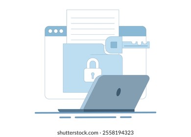 Privacy protection concept, using cyber security services to protect documents and personal data. Cloud based shared documents, secure files and folders. Flat Cartoon Vector Illustration on background