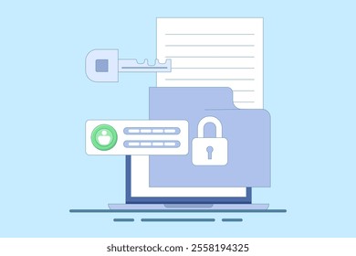 Privacy protection concept, using cyber security services to protect documents and personal data. Cloud based shared documents, secure files and folders. Flat Cartoon Vector Illustration on background