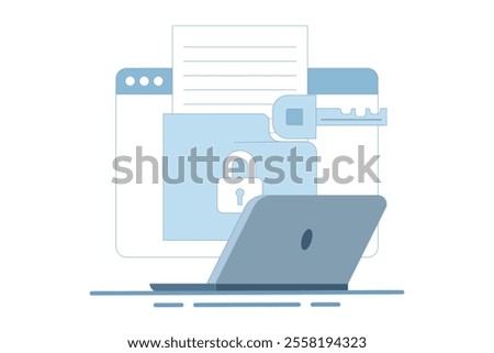 Privacy protection concept, using cyber security services to protect documents and personal data. Cloud based shared documents, secure files and folders. Flat Cartoon Vector Illustration on background