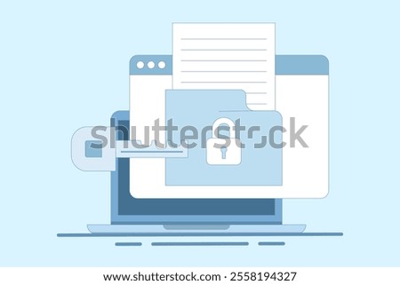 Privacy protection concept, using cyber security services to protect documents and personal data. Cloud based shared documents, secure files and folders. Flat Cartoon Vector Illustration on background