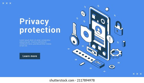 Privacy protection customer personal data security banner landing page isometric vector illustration. Banking account information business safety service with smartphone and shield padlock key gear