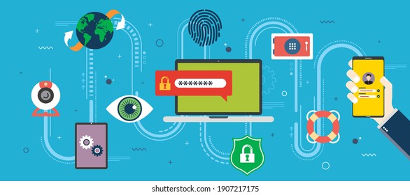 Privacy, protection and data security in internet. Technology and digital security, identity protection.Icon design in vector of webcam, computer, eye, lock, laptop, safe box in blue background.