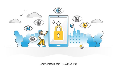 Protección de la privacidad como concepto de esquema de prevención de filtración de datos privados de dispositivos. Seguridad de la información como blindaje del ciberespacio y ilustración vectorial de la tecnología de cifrado de mensajes. Escena de bloqueo de seguridad de Hacker
