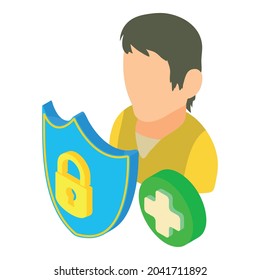 Icono de protección de la privacidad vector isométrico. Hombre, escudo, cerradura y signo más. Protección de la información personal, tecnología de Internet