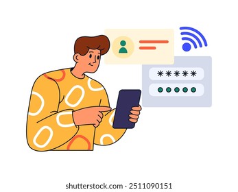 Privacidad y protección de datos personales en Internet, Ilustración vectorial plana de dibujos animados. Usuario aislado con dispositivo que configura la Contraseña y el bloqueo para la aplicación. Seguridad y protección en el Web