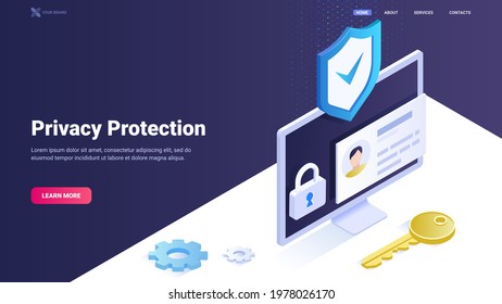 Privacy protection, personal information security. Data safety. Verification and authorisation vector illustration for web site, landing page, banner. Hero image design.
