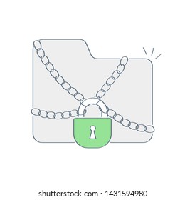 Privacy protection, protect data and confidentiality. Safety and confidential data protection, the file folder is wrapped in chains with a padlock. Flat outline clean vector illustration on white.