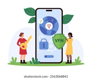 Privacy protection and safety online using VPN. Tiny people holding secure shield, use virtual key to safe lock on mobile phone screen to protect private digital data cartoon vector illustration