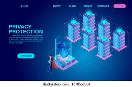 La protección y seguridad de la privacidad son datos confidenciales de robos de datos y ataques de hackers . plantilla de encabezado web. ilustración vectorial isométrica plana