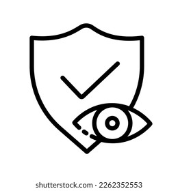 Icono de conjunto de protección de la privacidad. Equipo, escudo, marca de verificación, notificación del sistema de seguridad, bloqueo, antivirus, hackeo. Concepto de protección de datos personales. Icono de línea de vector sobre fondo blanco