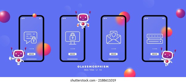 Privacy protection set icon. Secret message, lock, computer, email, shield, information storage, security system, hacking. Personal data concept. Glassmorphism. UI phone app screens. Vector line icon.