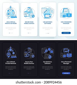 Privacy protection tips onboarding mobile app page screen. Safety walkthrough four steps graphic instructions with concepts. UI, UX, GUI vector template with linear night and day mode illustrations