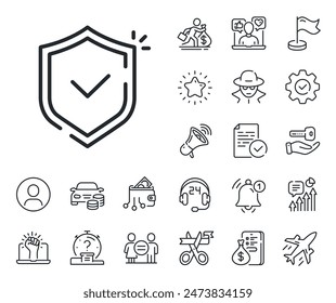 Privacy secure sign. Salaryman, gender equality and alert bell outline icons. Shield line icon. Safe defense symbol. Shield line sign. Spy or profile placeholder icon. Online support, strike. Vector