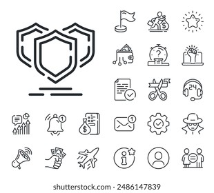 Privacy secure sign. Salaryman, gender equality and alert bell outline icons. Shields line icon. Safe defense symbol. Shields line sign. Spy or profile placeholder icon. Online support, strike. Vector