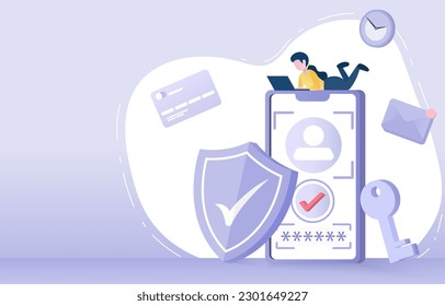 Privacy and security concept. Protect sensitive personal information with strong security such as scanning faces and using strong passwords. Prevent unauthorized access to private data by hacker.