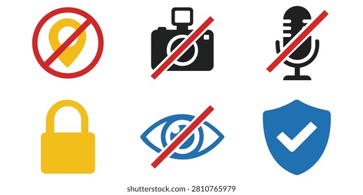 Privacy and security icon collection featuring camera restrictions, microphone mute, hidden visibility, secure access, protection shields, authentication, and cybersecurity interface design resources.