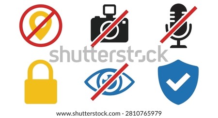 Privacy and security icon collection featuring camera restrictions, microphone mute, hidden visibility, secure access, protection shields, authentication, and cybersecurity interface design resources.