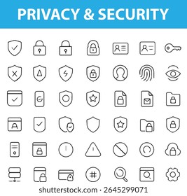 Privacidade e Segurança Linha Ícones, Bloqueio, Escudo, Impressão Digital, Criptografia, Firewall, VPN, Eye Scan, e Mais, Formatos editáveis: EPS, JPG, Ideal para Uso Digital e Impressão

