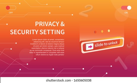 Configuración de privacidad y seguridad.Desliza para desbloquear smartphone o tableta y apaga botones con diseño moderno 3d, deslizador para bloquear y desbloquear. Ilustración vectorial.